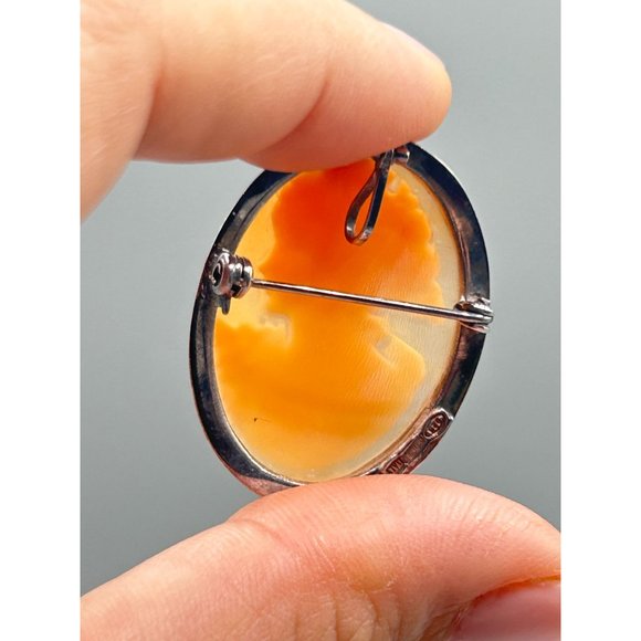 Vintage Sterling Silver Genuine Carved Cameo Shell Pendant Oval Pin Brooch - Picture 9 of 10